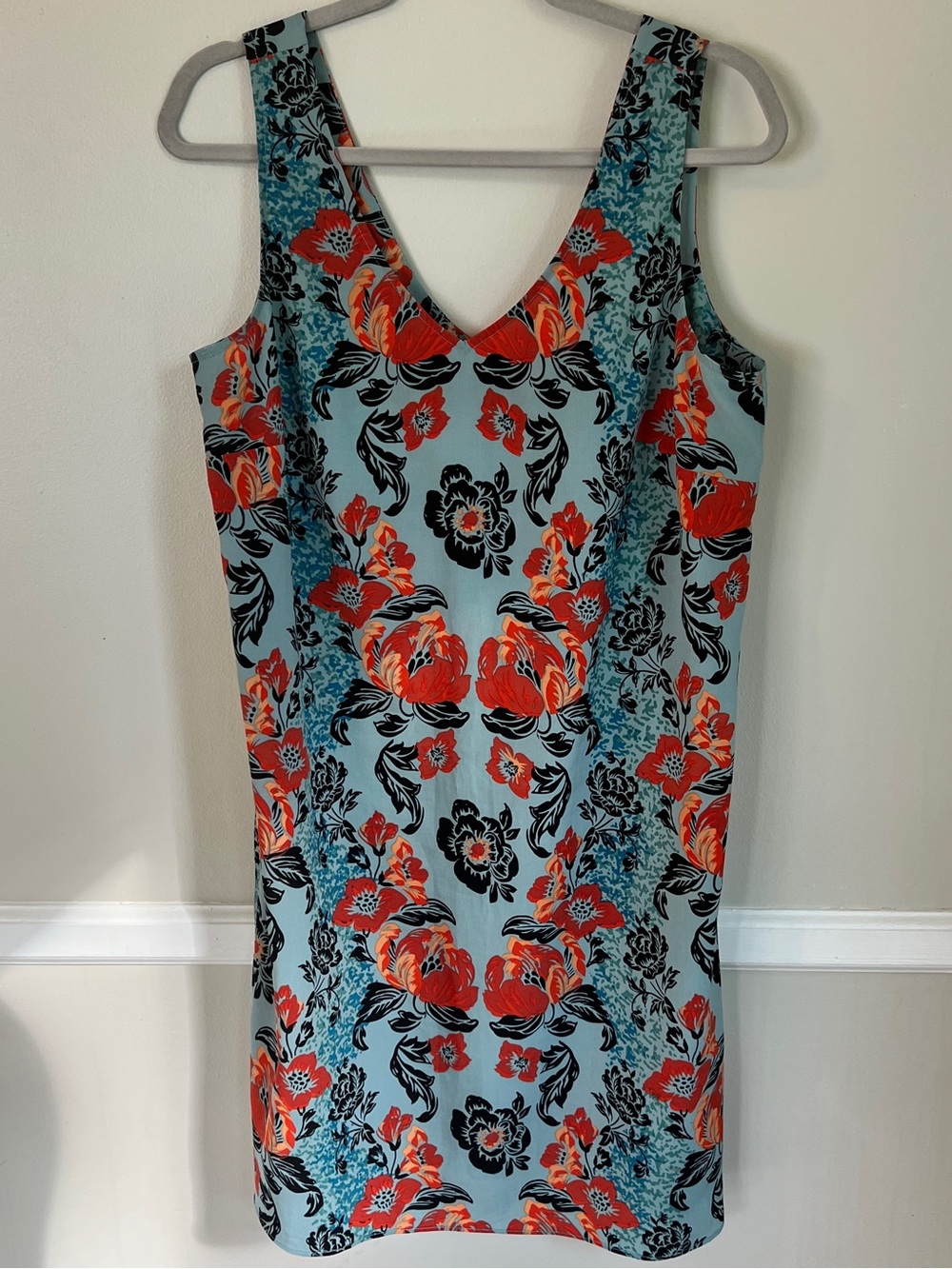 CAbi Floral V-Neck Midi Dress in Light Blue and Coral